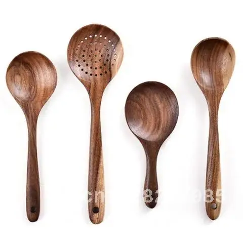 

Thai Teak Natural Wood Tableware Spoon, Ladle, Turner, Long Rice Colander, Soup Skimmer, Cooking Spoons, Scoop Kitchen Tool Set,