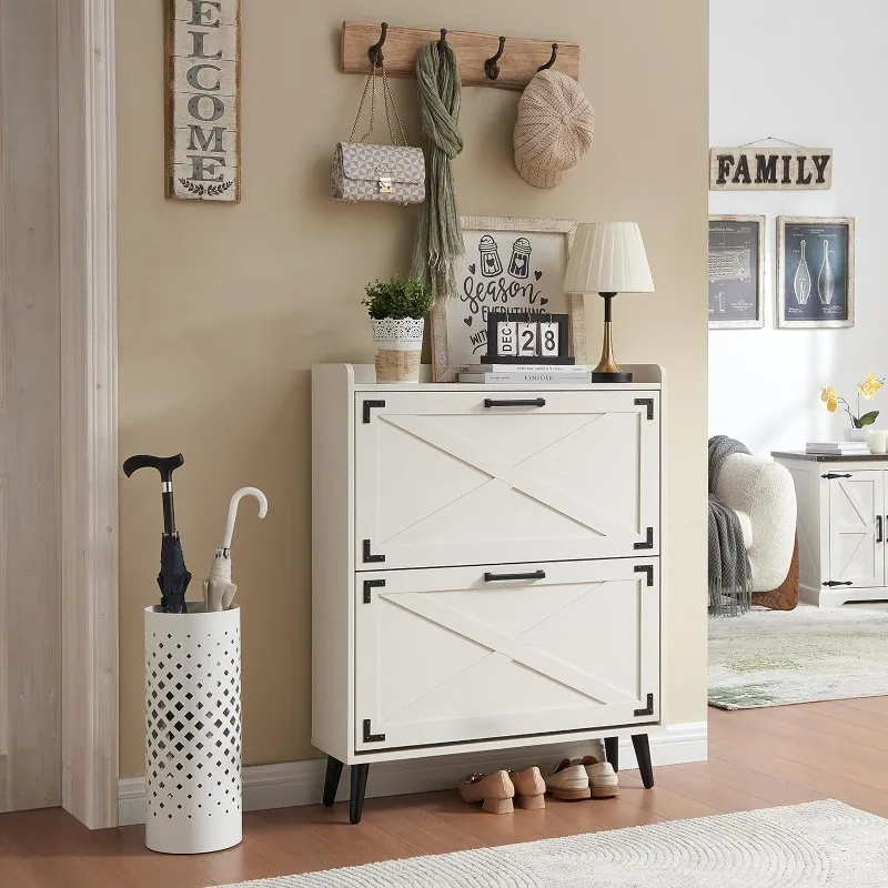 

Shoe Storage Cabinet, Boho Shoe Organizer with 2 Flip Drawers & Rattan Design,Farmhouse Freestanding Hidden Slim Narrow Shoe