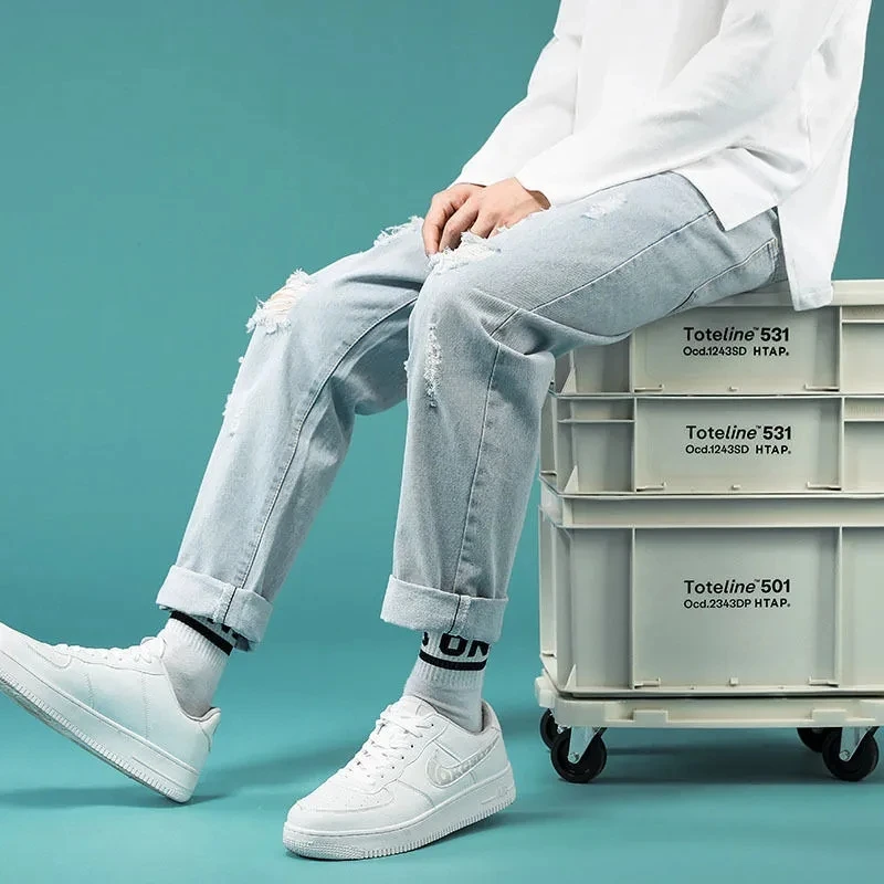 Summer Thin Loose And Perforated Straight Leg Jeans 2024 Korean Version New Fashionable Men's Light Blue Casual Travel Pants