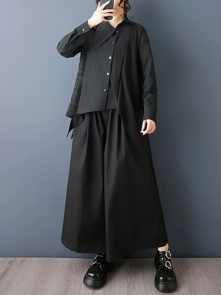 2026 Spring Autumn New Asymmetrical Patchwork Black Vintage Shirt Women Long Sleeve Loose Casual Blouse Top Fashion Clothing