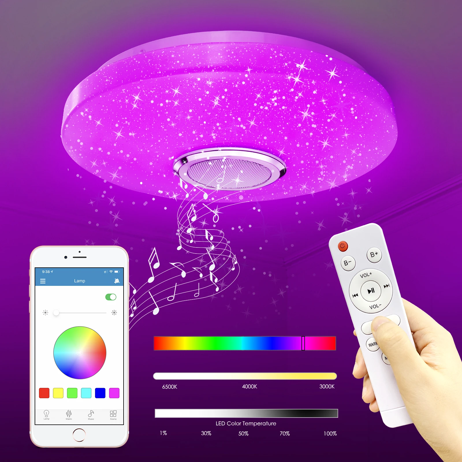 Plafonnier LED rond avec télécommande intelligente, lumière d’ambiance, lumière à intensité réglable, avec minuterie, i