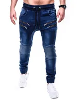 High Quality Solid Pocket Jeans Mens Denim Cotton Pants Causal Vintage Cargo Pants Drawstring Stretchy Pencil Jeans Male 5
