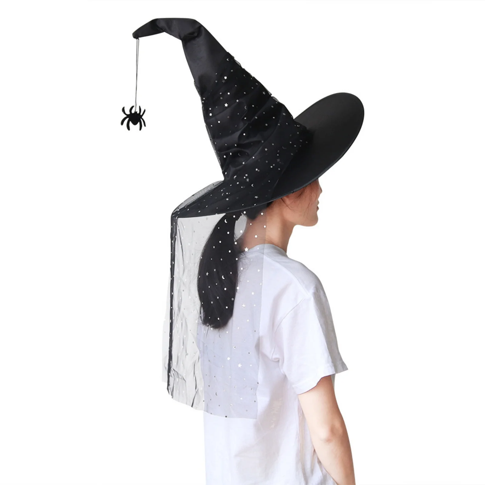 1PC Halloween Witch Hats Set, Black Witch Hats With Fringe, Spider & Veil Decor, Cosplay Hats For Halloween Party Costumes