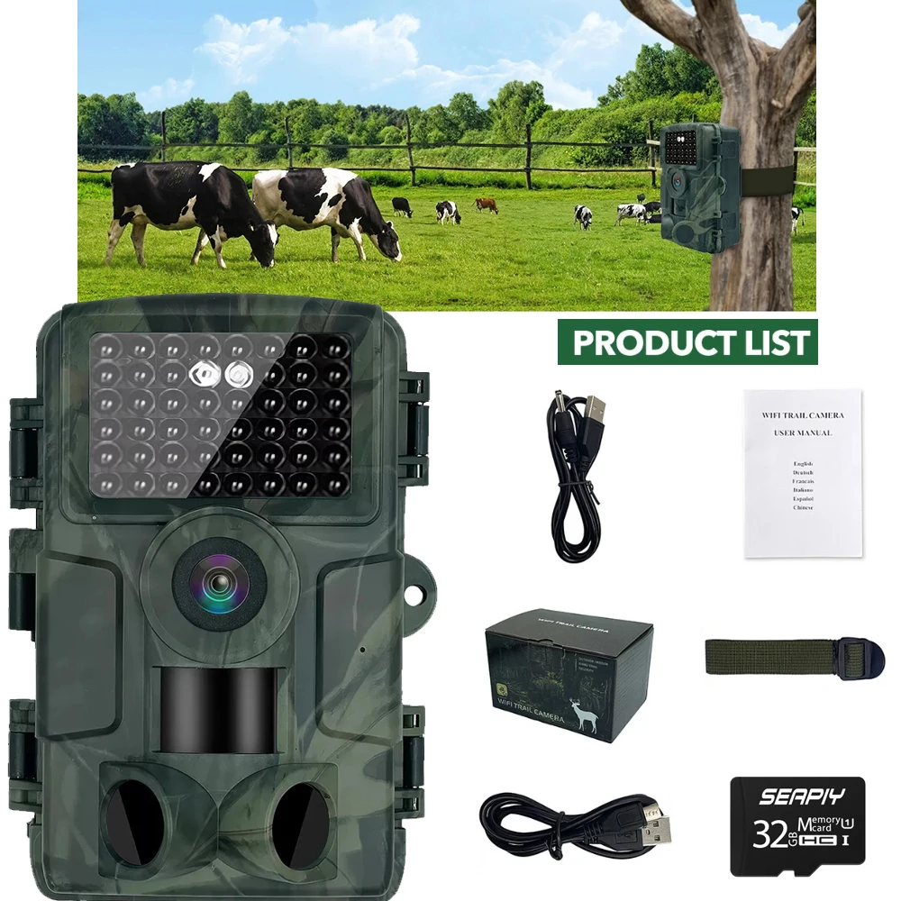 60MP 4K HD Outdoor Hunting Wildlife Trap Game Cam IP66 Waterproof Night Vision Hunting Trail Camera Wildlife Hunting Monitoring
