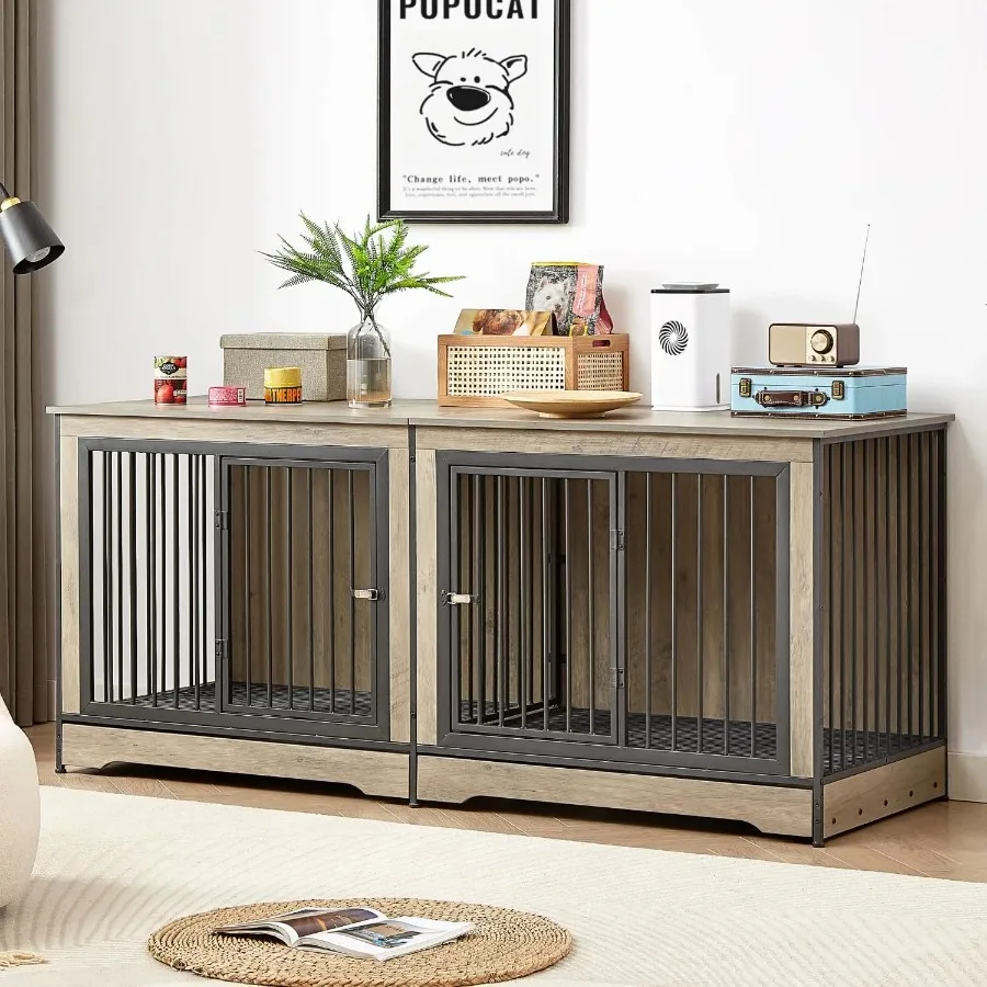 XL Large Double Dog Cage Furniture with Tray Wooden Pet Kennel for Medium Large Dogs