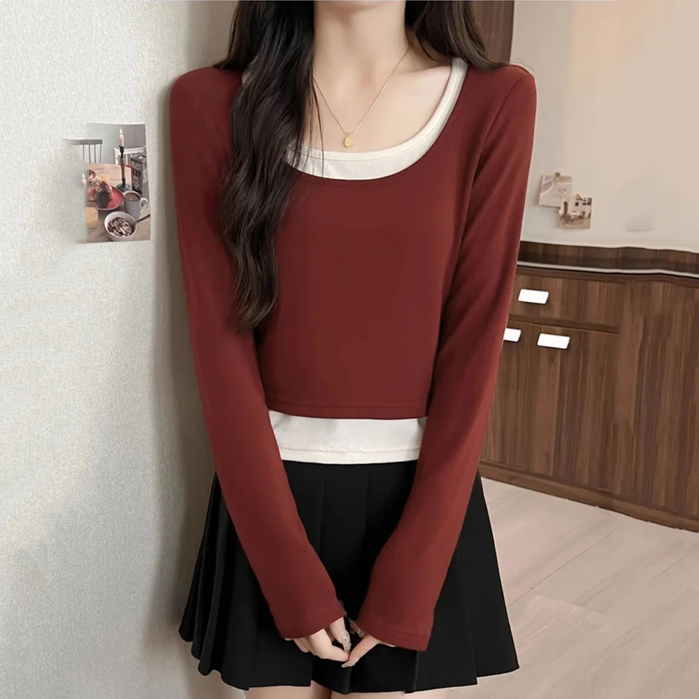 

New Women Spring Summer Long Sleeve T-shirt Fashion Contrast Color Patchwork Fake Two Pieces Short Tees Tops Casual T-shirt