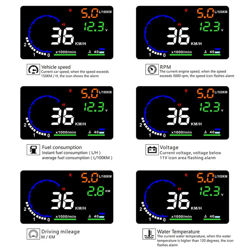 A8 obd2 hud Auto Head-up-Display LED Windschutz scheibe Projektor Tacho mph km/h U/min Meter Wasser temperatur Geschwindigkeit Spannung Alarm Kraftstoff Symbol