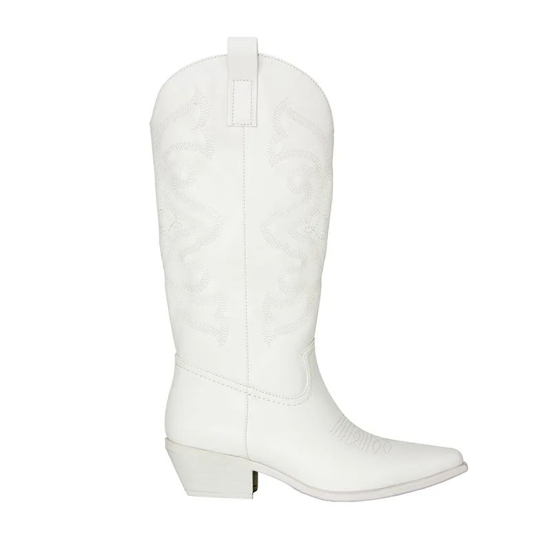 TSTCTB Pink Cowboy Cowgirl Boots Zip Embroidered Pointed Toe Chunky Mid Calf Trendy Shoes Retro Fashion Comfy Ridding Boots