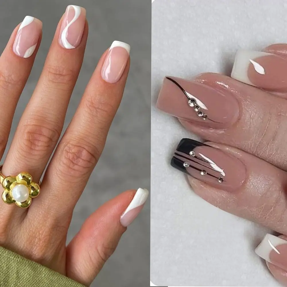 24pcs Nail Tips Full Cover Crystal French Fake Nails Square Long