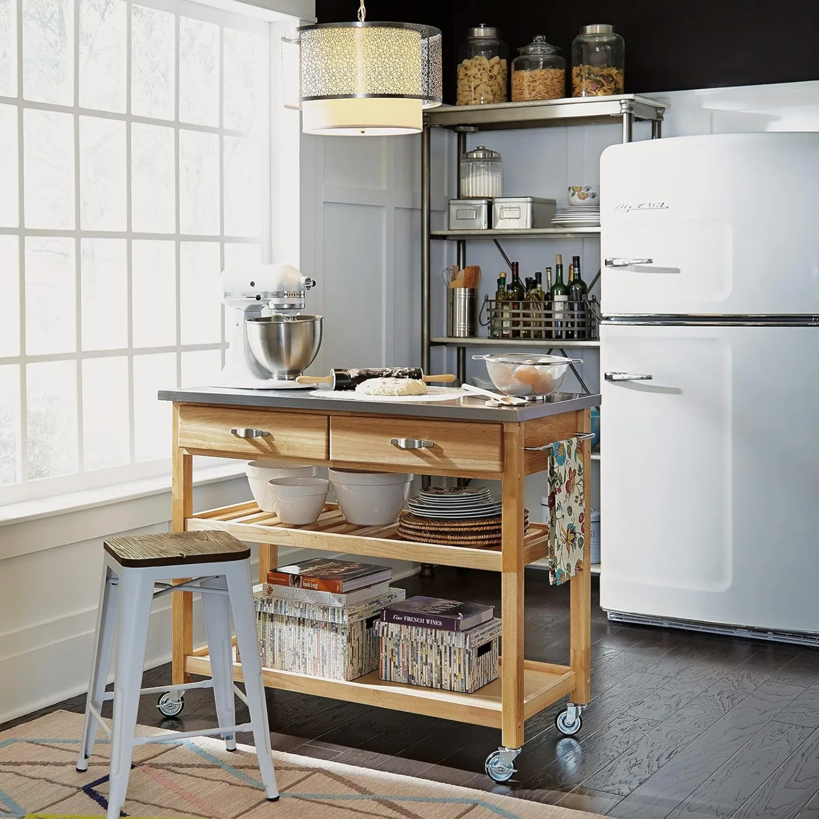 US Home Styles Natural Designer Utility Kitchen Cart with Stainless Steel Top, Two Utility Drawers, Adjustable Shelf and