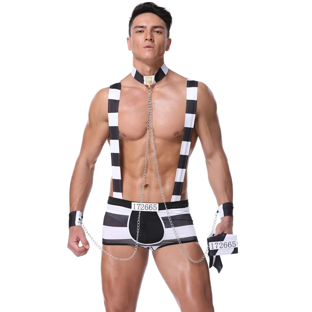 

Mens Black White Striped Cosplay Prisoner Costume Couple Role Play Erotic Uniforms Lingerie Set Halloween Adult Outfits Clothing