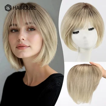 Topper per capelli umani veri Ombre Grigio Biondo, base grande 6.5*6.5 pollici, 4 clip, 10 pollici, per donna con frangia e spacco laterale