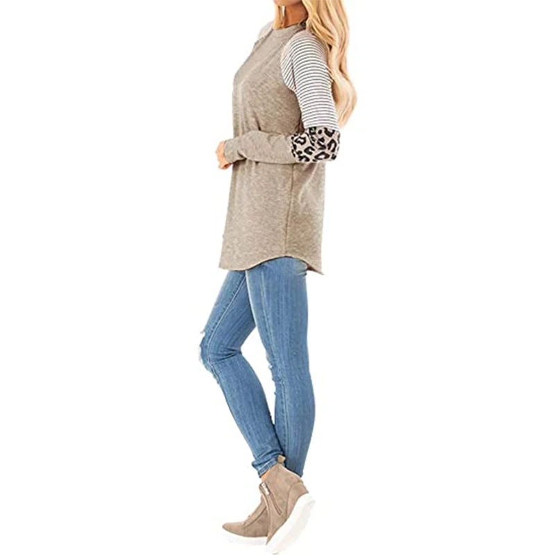 

MXMA Women Long Sleeve O Neck T Shirt Leopard Stripe Colorblock Tunic Top Streetwear