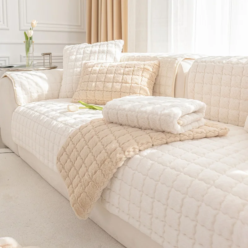 

Artificial Rabbit Plush Sofa Covers Non-Slip Soft Sofa Mat Solid Color Universal Sofas Backrest Armrest Towel for Living Room