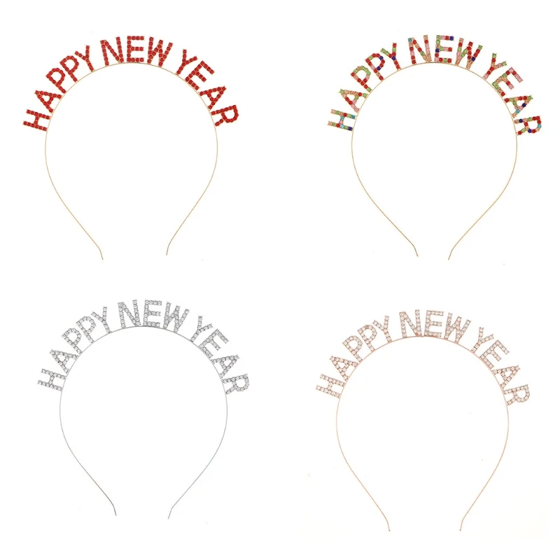 

Happy New Year Headband for Rhinestone Letter Headwear Christmas Hair Band Shiny Crystal Headpiece Party Supplies Dropship