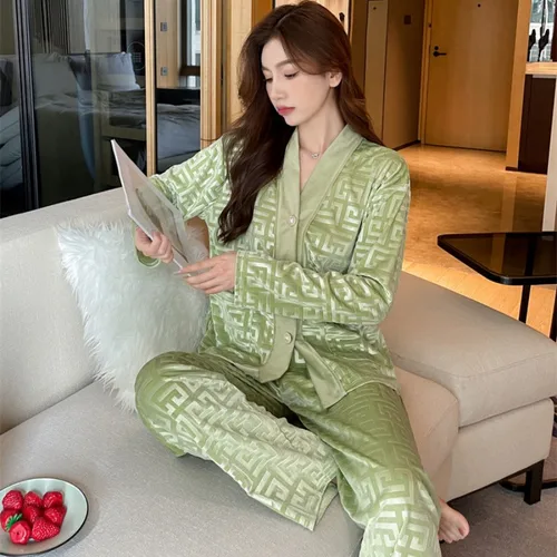 QSROCIO 여성용 벨벳 잠옷 세트, 프레스 스트라이프 패턴, 캐주얼 홈웨어, V넥 잠옷 5