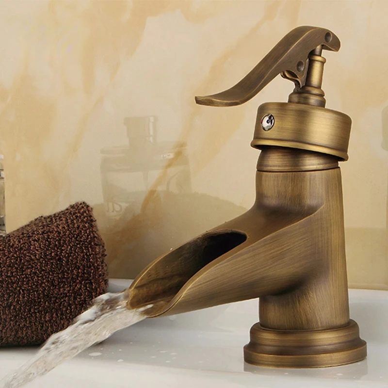 

Basin Faucets Antique Brass Waterfall Bathroom Vessel Sink Faucet Single Handle Deck Wash Mixer Water Tap WC Taps