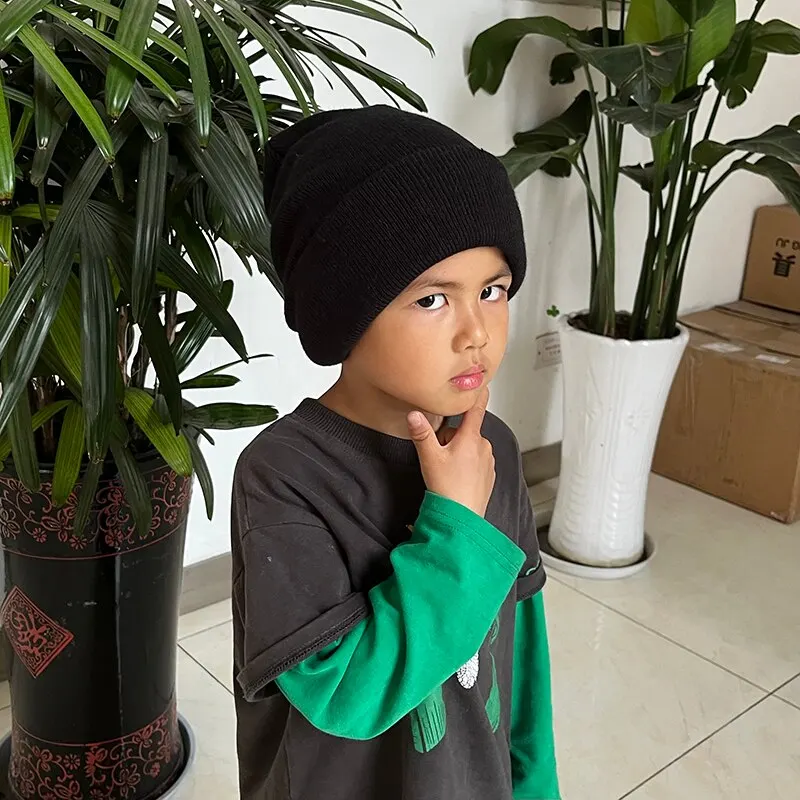 Classic Black Warm Solid Color Knitted Beanies Wool Hat for Boys Girls Clothing Accessories Spring Autumn and Winter knit hat