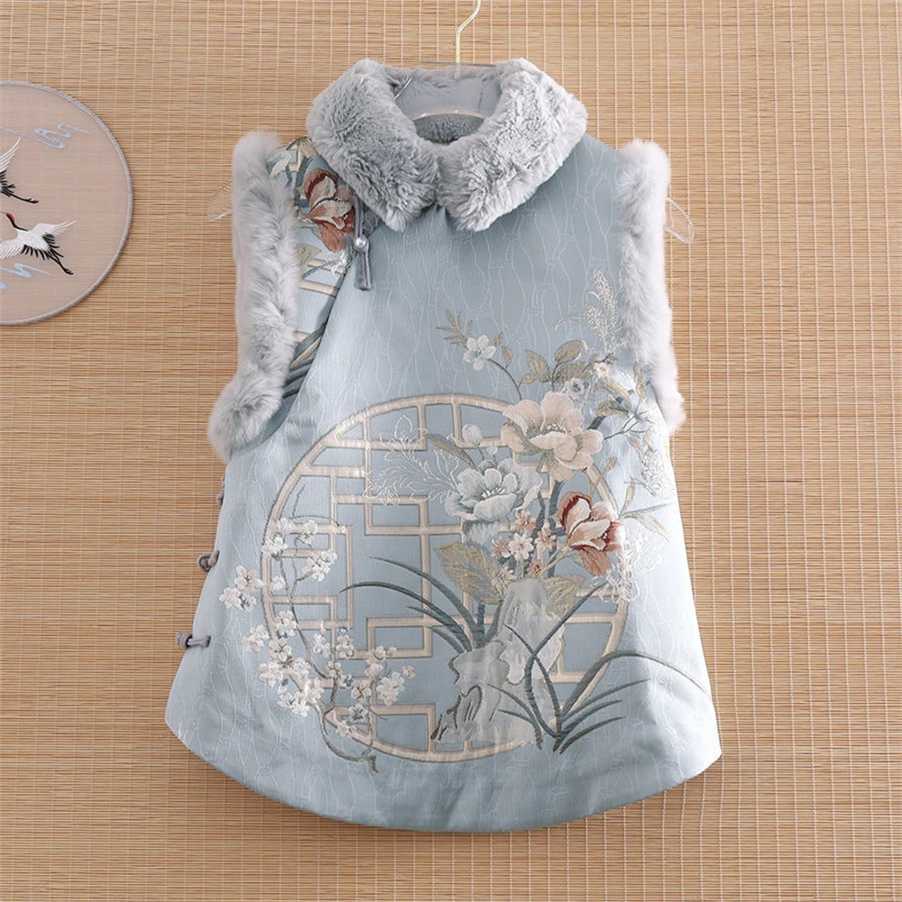 1pcs National Style Cheongsam Vest Girl Chinese Retro Embroidery Waistcoat Tang Suit Winter Hanfu Tops Home Costume Women Gift