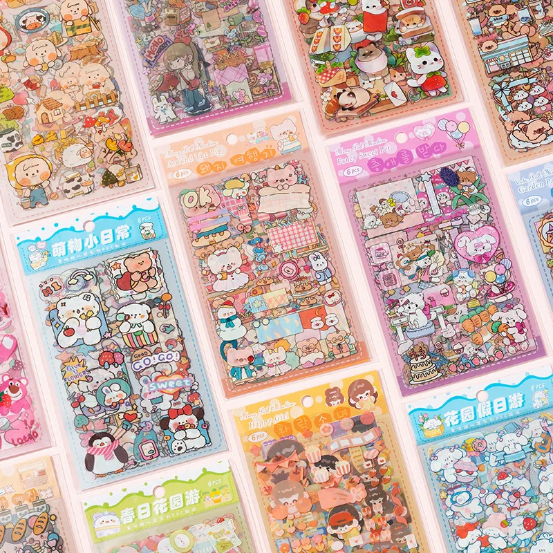 6sheets/lot Cartoon Girls Sticker Pack Cute Kawaii Stickers Set DIY Material Waterproof PVC Decorative Decals Phone Diary Kids