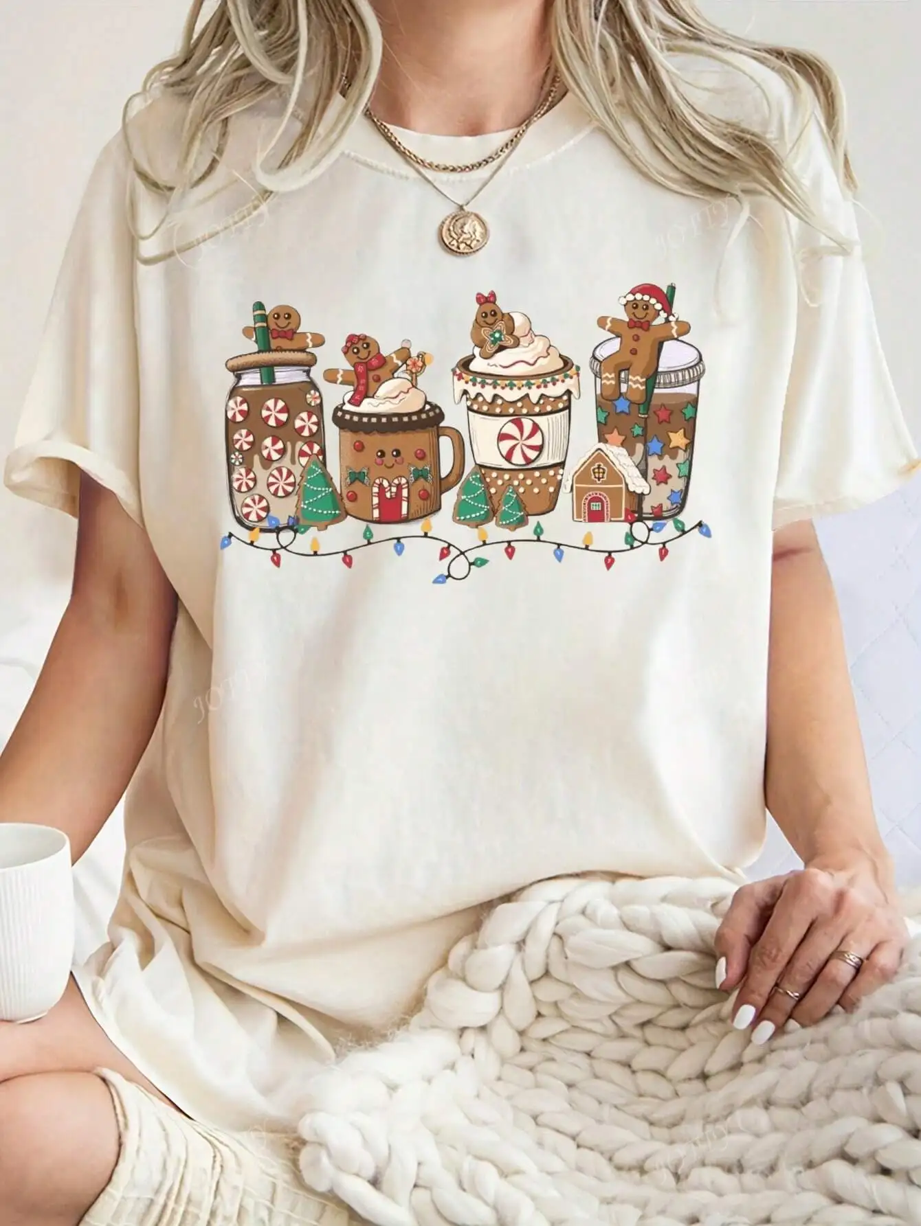 Weihnachten Lebkuchenmann & Boba Milchtee Print Rundhals Kurzarm Damen T-Shirt