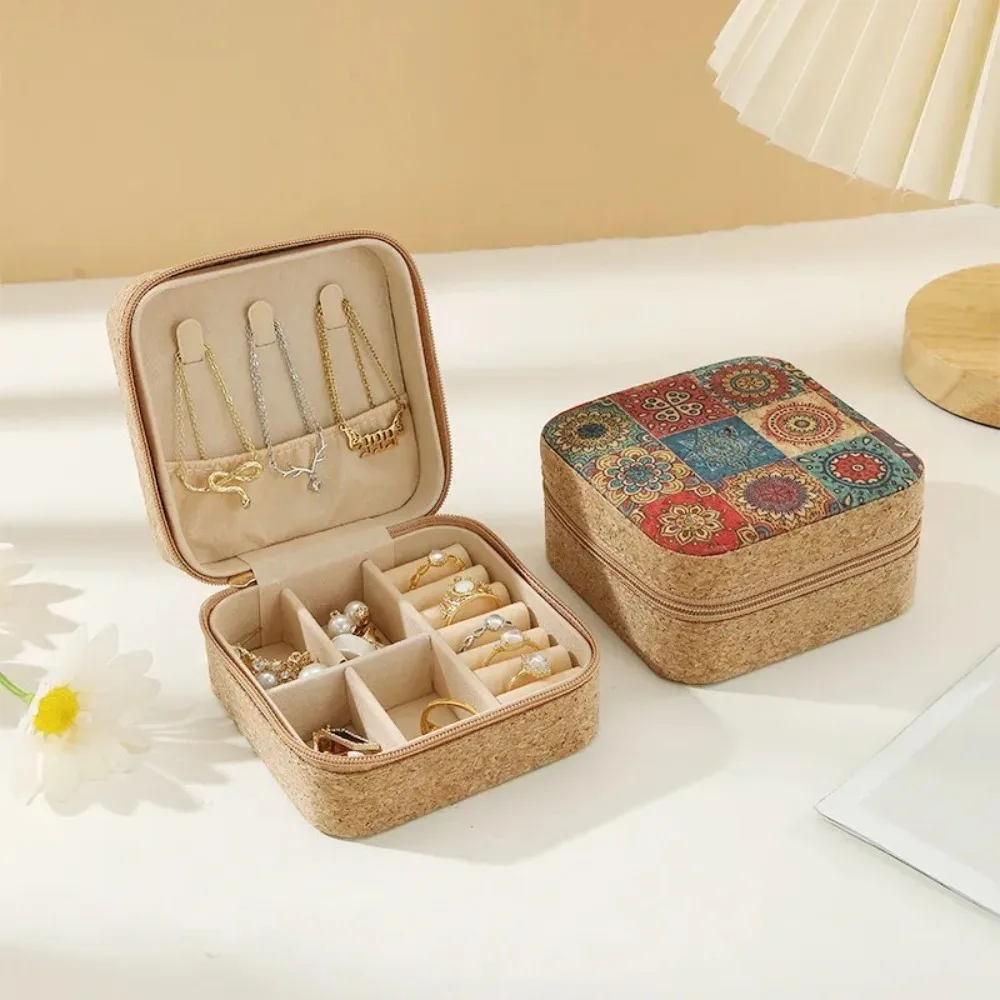 New Cork Wood Jewelry Storage Box Portable Useful Ring Earrings Organizer Cosmetic Holder Double Box Travel Supplies 5