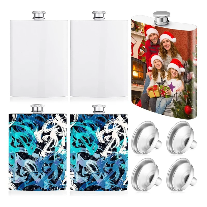 

4 Pcs Sublimation Flasks Parts Kit With Metal Cap And Leakproof Funnel 8 Oz Stainless Steel Flasks Groomsmen Flask Containers