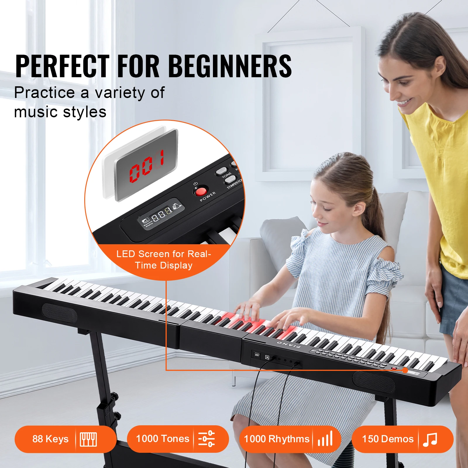 SucceBuy 88 Key Digital Piano Keyboard Semi Weighted Keys Full Size Electric Portable Keyboard Piano Set 1000Tones for Beginners
