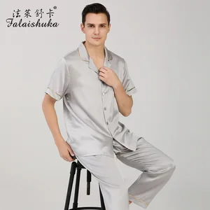 19 momme 100% genuine silk pajamas sets men short sleeves trousers Elegant silver gray plaid male pyjamas sleepwear T9089