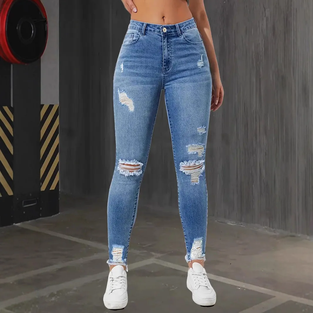 Fashion Skinny Hole Jeans Women 2025 Autumn Stretchy High Waisted Ripped Slim Retro Solid Color Denim Trousers Pants 4
