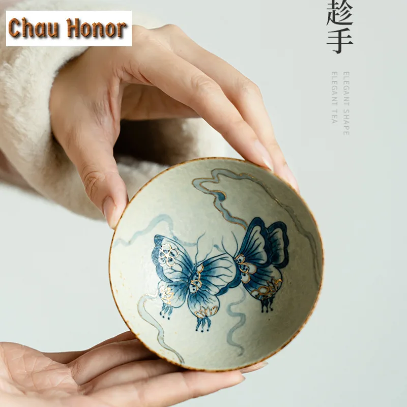 100ml Blue And White Flint Red Teacup Handmade Gold Drawing Butterfly Master Cup Personal Wide Mouthed Puer Tea Bowl Drinkware