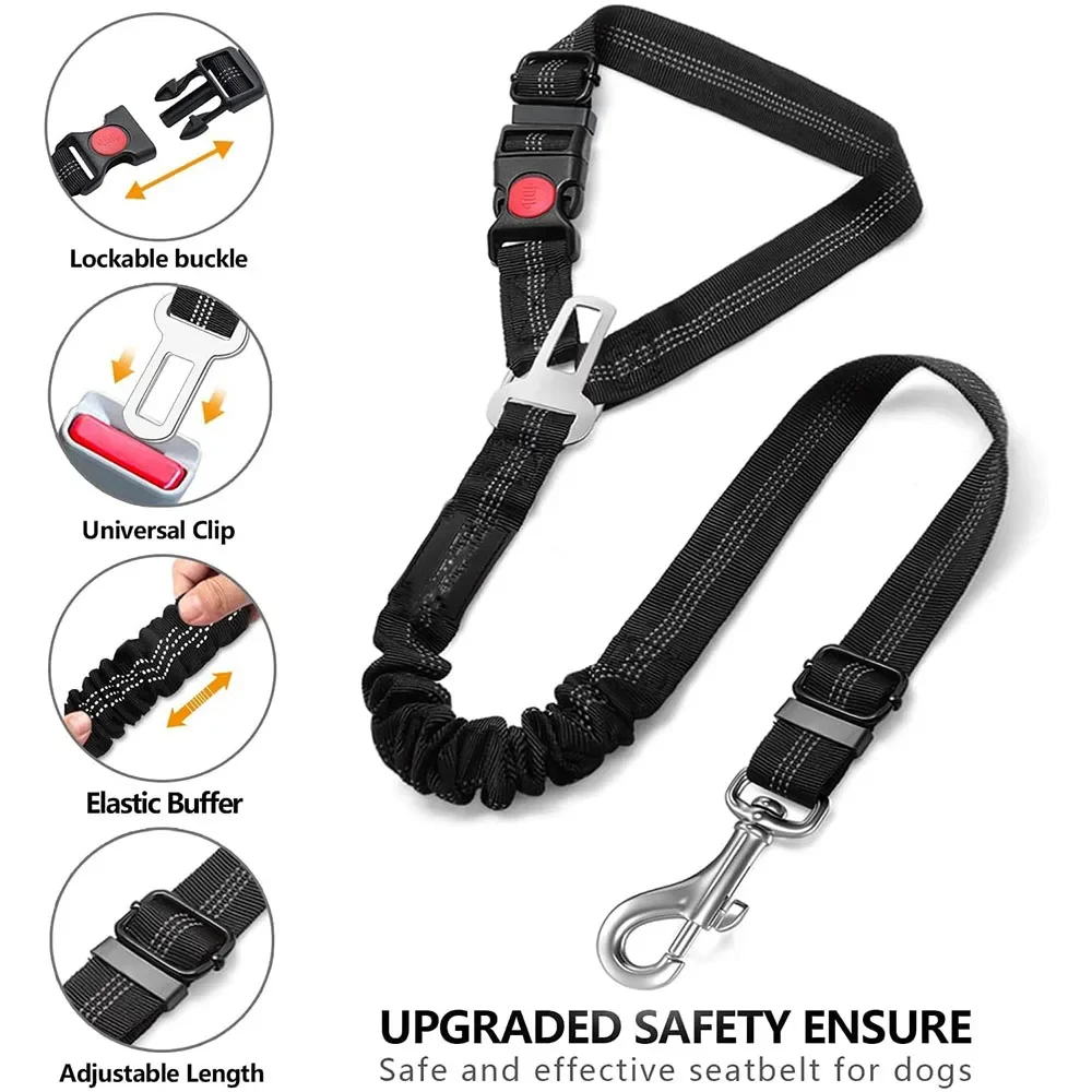 3in1 Dog Seat Belts Retractable Dog Car Seatbelt Reflective Elastic Nylon Pet Seat Belt for Vehicle Headrest Adjustable for Dogs