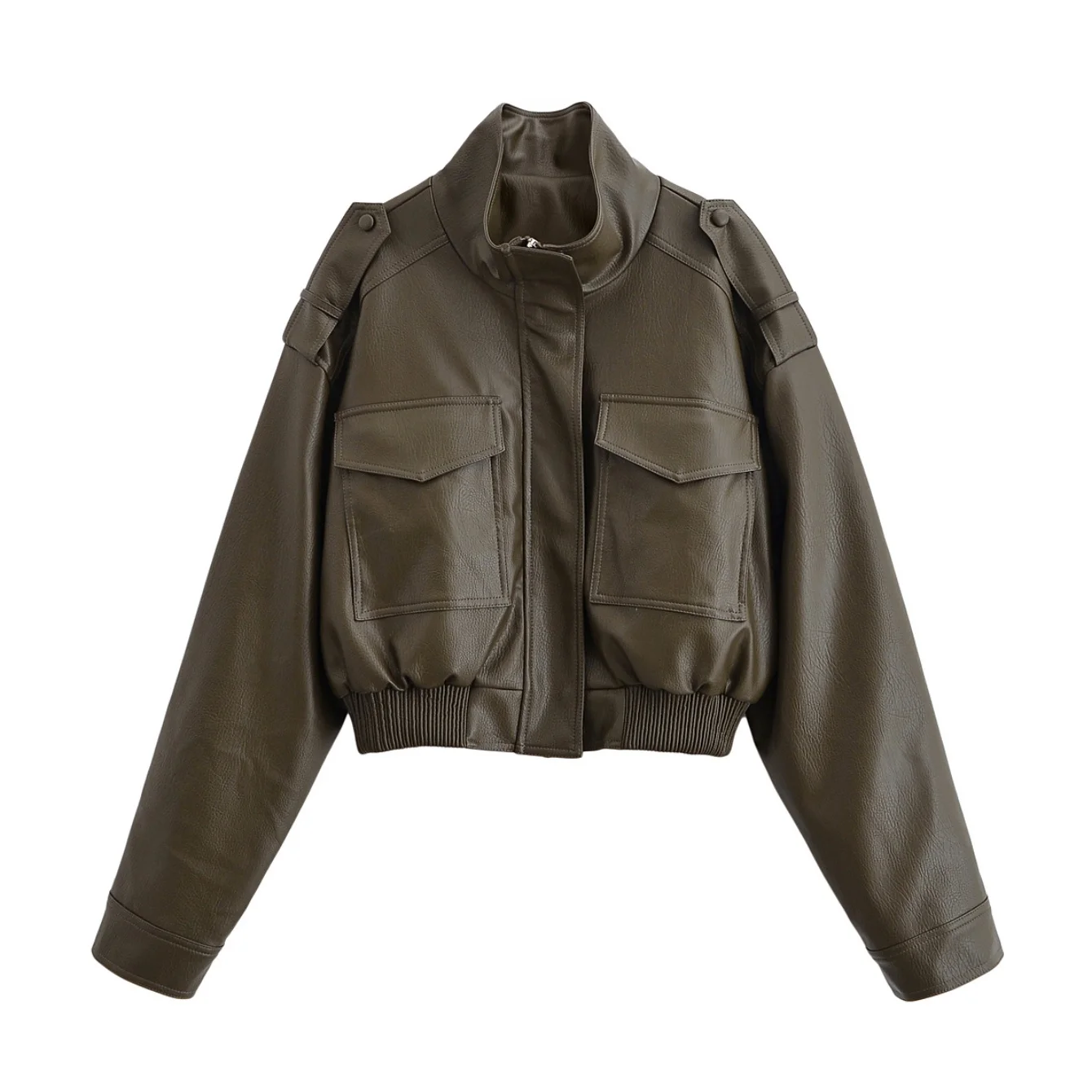 Women Autumn Winter Vintage Leather Jackets Coat Pockets Loose Stand Collar Long Sleeve Zipper Coat Lady Chic Jackets Streetwear