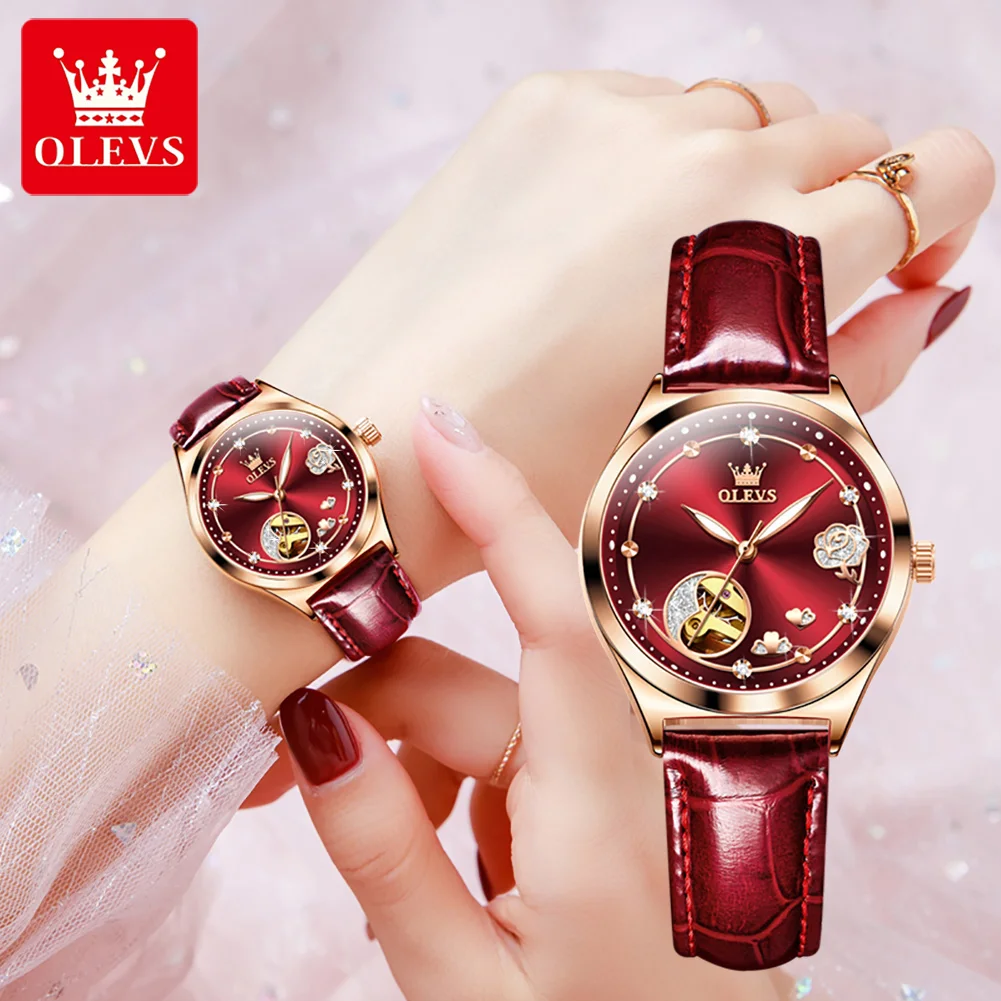 OLEVS Brand Luxury Mechanical Watch Women Leather Strap Waterproof Simple Fashion Gold Hollow Watches Ladies Relojes Para Mujer