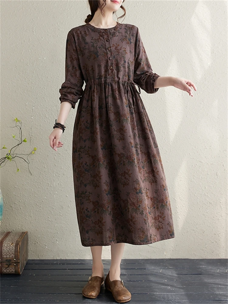 Autumn Cotton Long Sleeve Print Vintage Dresses For Women 2025 New Casual Dress Femme Robe Office Lady Work Elegant Clothing