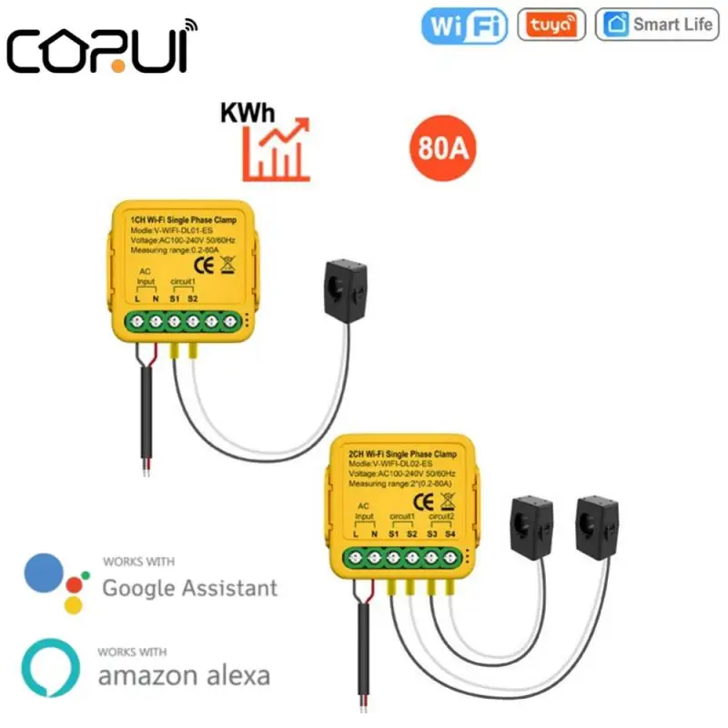 

CORUI Tuya Smart Life WiFi Energy Meter 80A With Current Transformer Clamp KWh Power Monitor Electricity Statistics 110V 230V