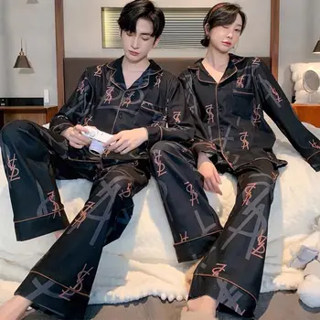 Korean Version of Couple Pajamas Spring and Autumn Ins Style Simple Loose High-grade Long-sleeved Homestays Women Set Luxury Men