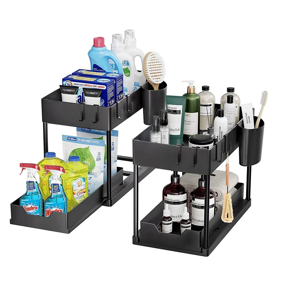 2-Tier Multi-Use Kitchen and Bathroom Organizers Storage with Sliding Drawers, Bathroom Cabinet Organizer with Hooks Hanging Cup