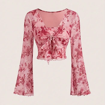 Summer Women's Y2k Floral Printed Sweet V-Neck T-shirts Mesh Beach Party Dress Top Flare Sleeve Square Collar Lace Up Shirt 2025 1