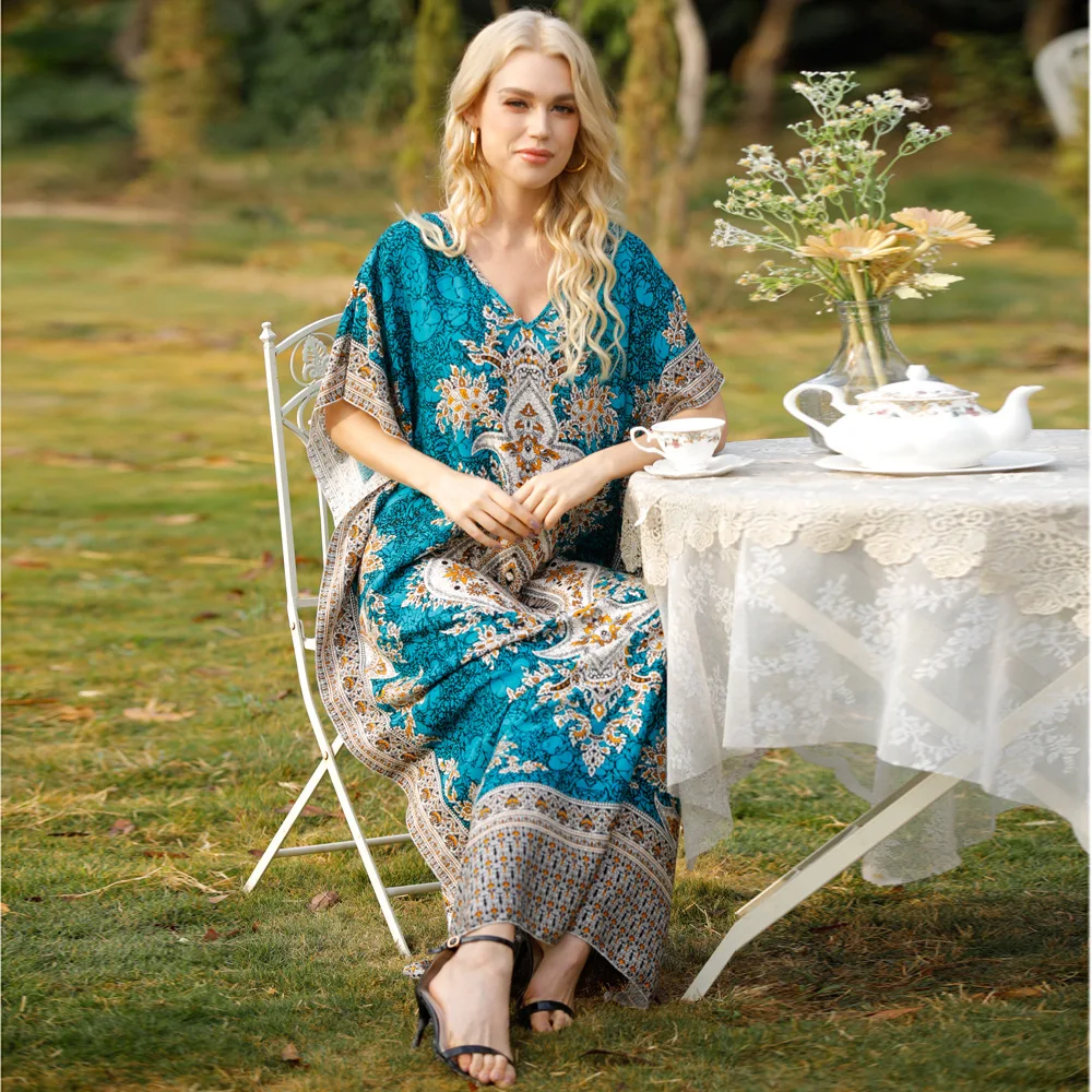 Moroccan Caftan Kaftan Abaya For Women V-neck Half Sleeves Print Abaya Dubai Muslim Turkey Islam Abaya Loose Women Clothing