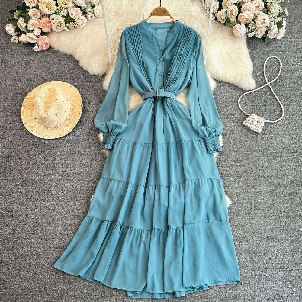 

Summer Elegant Style Lantern Long Sleeve V-Neck Pleated Waist A-line Dress Large Swing Long Skirt