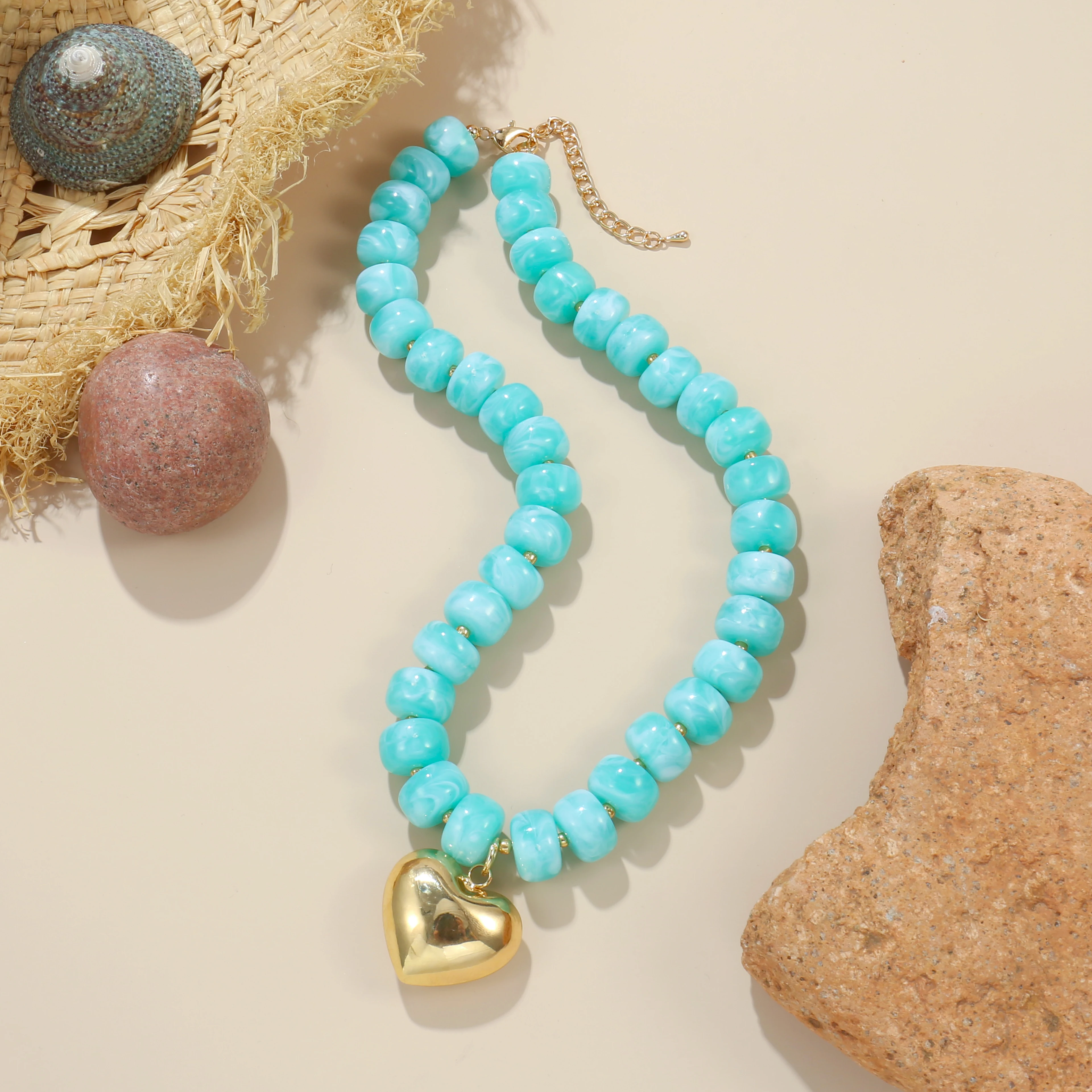 Badu Bohemia Colorful Acrylic Beaded Choker Necklace for Women 14K Gold Plated Heart Pendant Summer Aesthetic Y2K Jewelry Gift