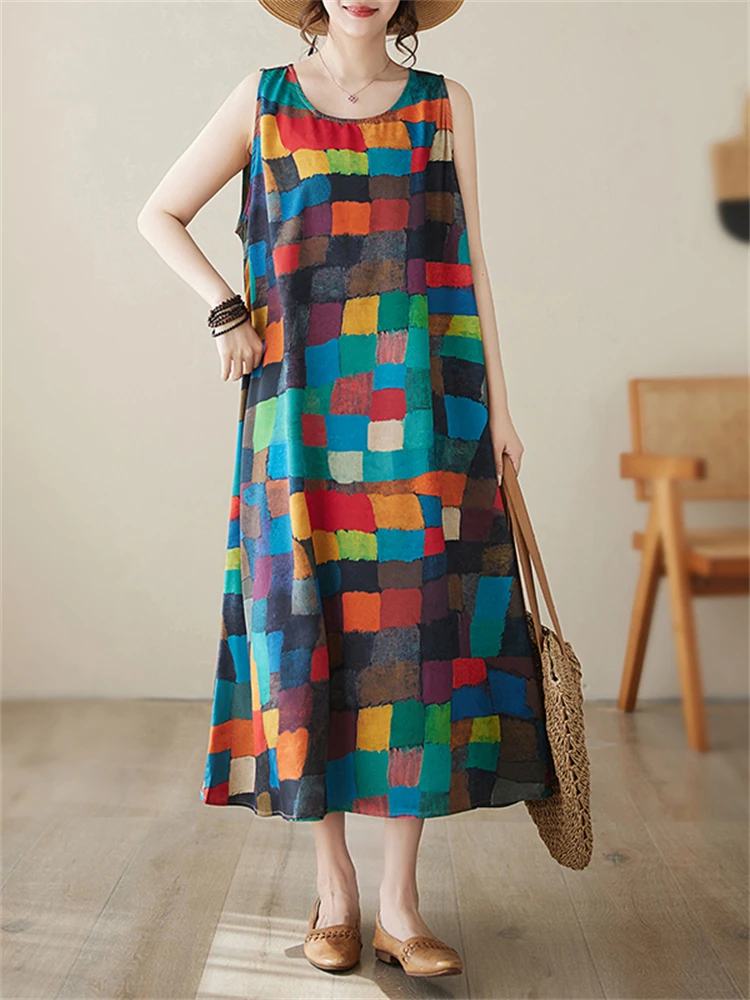 Cotton Sleeveless Vintage Dress Women 2025 Summer Casual Loose Long Dresses Holiday Beach Femme Robe Vestidos Fashion Clothing