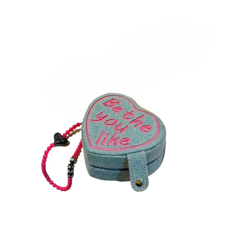 Heart Shaped Cake Mini Jewelry Box Retro Denim Portable Ring Jewelry Storage Travel Gift Love Jewelry Box Solid Color 3