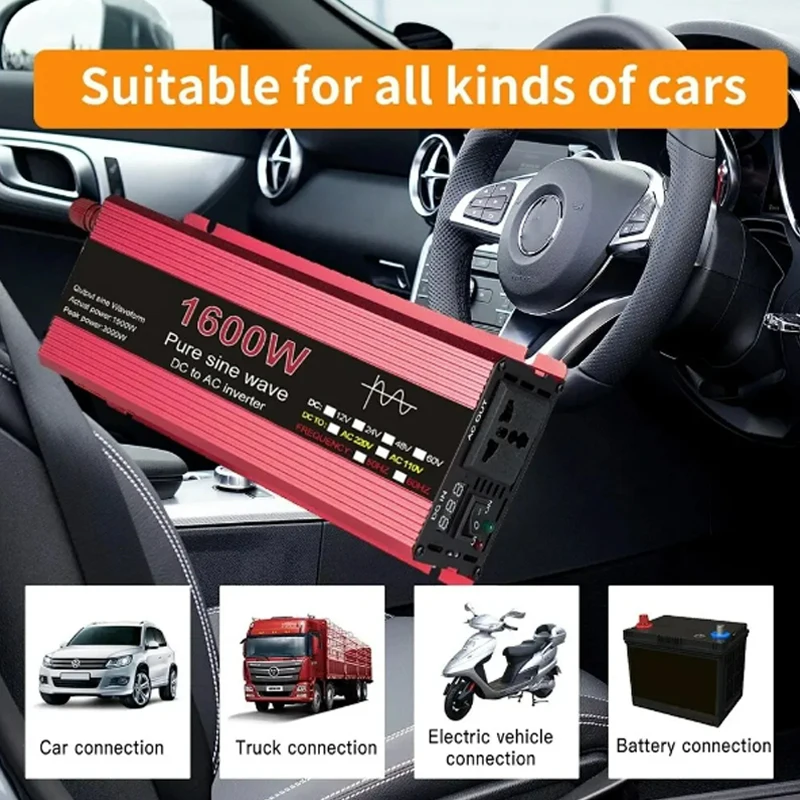 12V To 220V/230V 2000W Solar Inverter LCD Display Dual USB Fast Charging for Phone Laptops Car