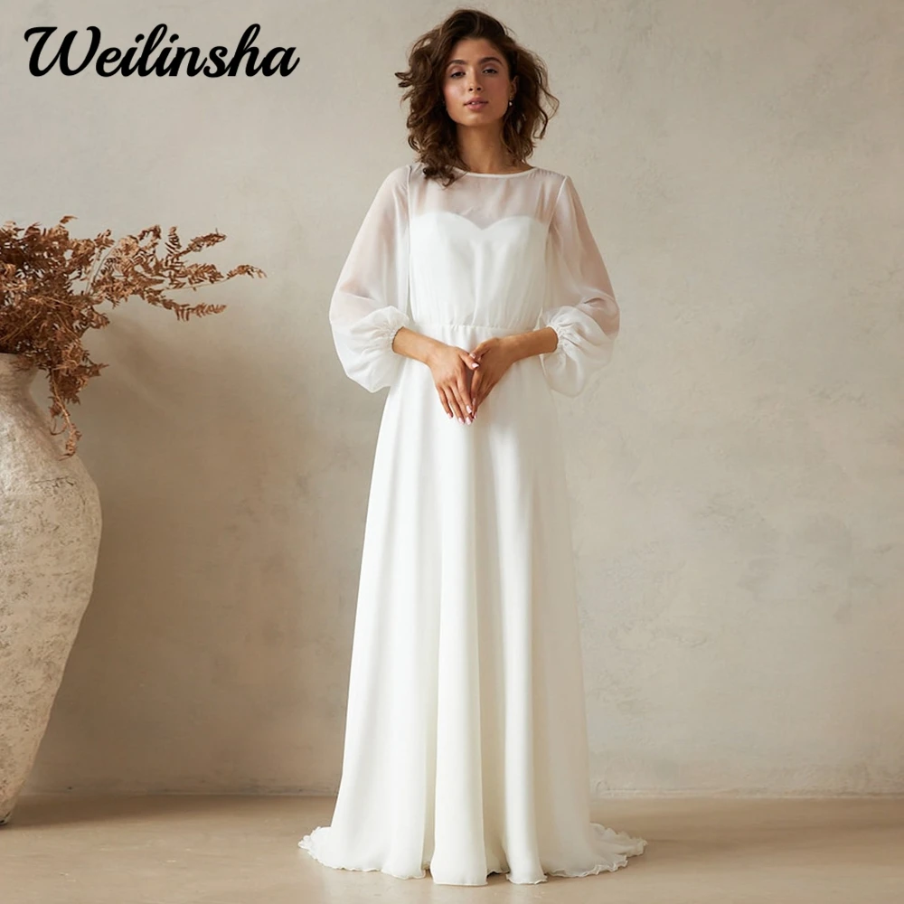 

Romantic Chiffon Wedding Dress with Long Sleeves for Brides 2023 O Neck Corset Sweep Train A line High Quality Brudal Gowns