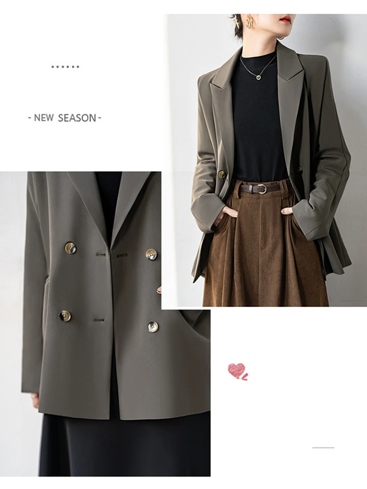 QOERLIN Senior Grey Suit Jacket Women New Chic Casual Temperament Suit Tops Nothced Collar Long Sleeve Jacket Coat Office Ladies