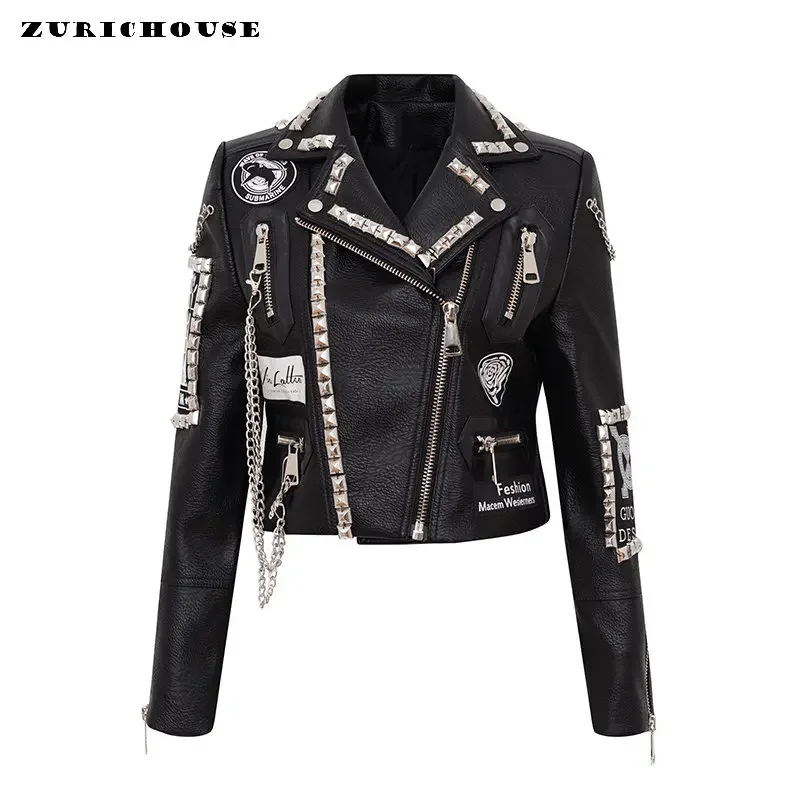 【punk leather jaket short】 zzxswc Punk Rivet Leather Jacket Women's Short Slim Slant