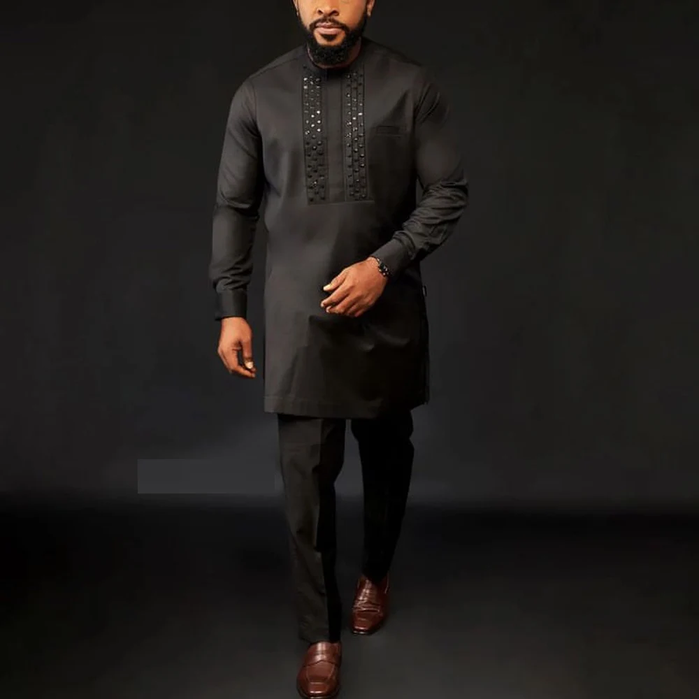 New Men's Suit Top Trousers 2-piece Set Solid Color Round Neck Embroidery Long Sleeve Suit Wedding African Ethnic Style