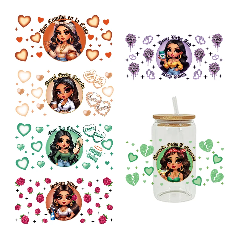 D15706 UV DTF Mama 필요, Cafecito Chicana Mom Cafecito y Chisme Latina 어머니날 인쇄, 16oz Libbey 안경 랩, 3D